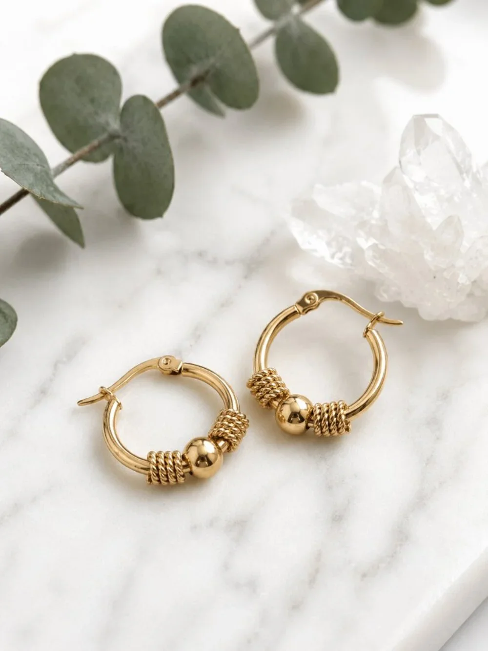 18K Gold Plated Rope Knot Ball Bead Hoop Earrings SS Boho Chic Minimalist 0.9